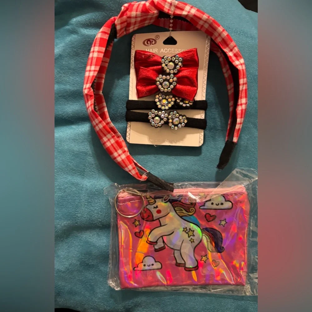 Red and Black Kids Hair Accessory Set with Unicorn Purse